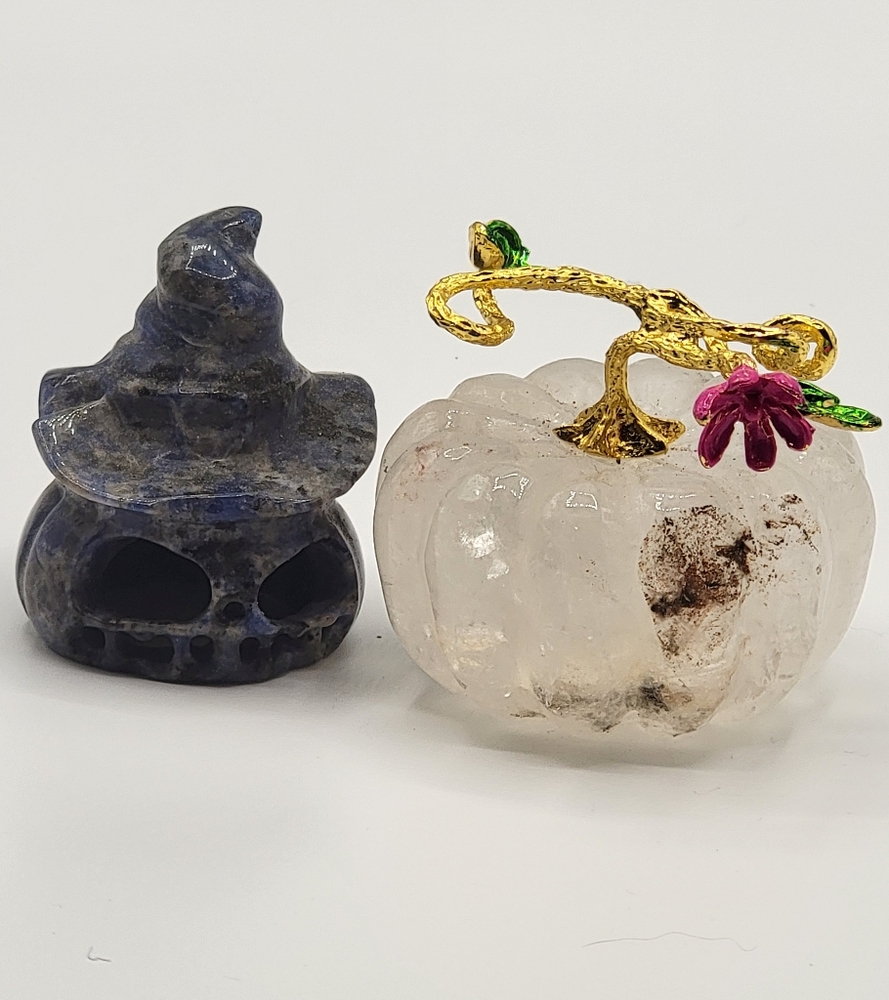 Natural Quartz Pumpkin and Sodalite Skull Set Decor